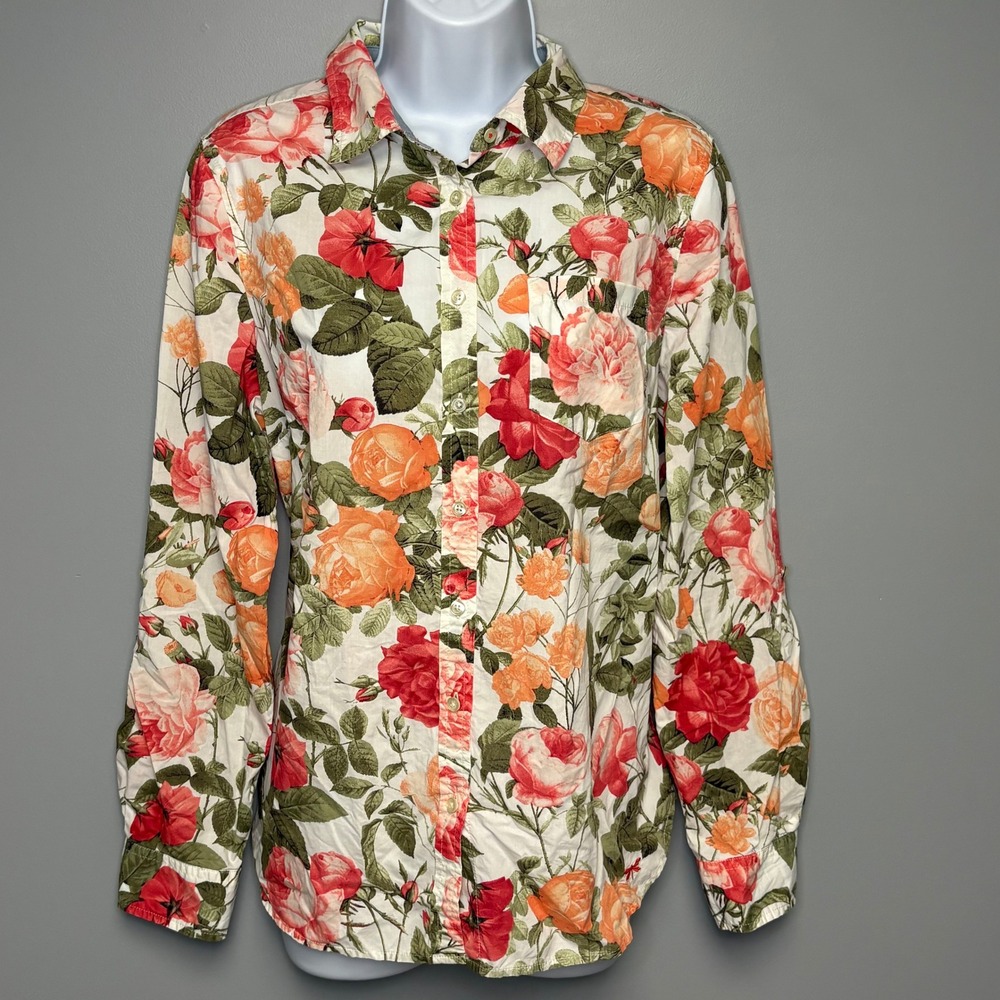 Talbots Pink Orange Rose Colorful Floral Career Office Button-Up Womens Sz 10
